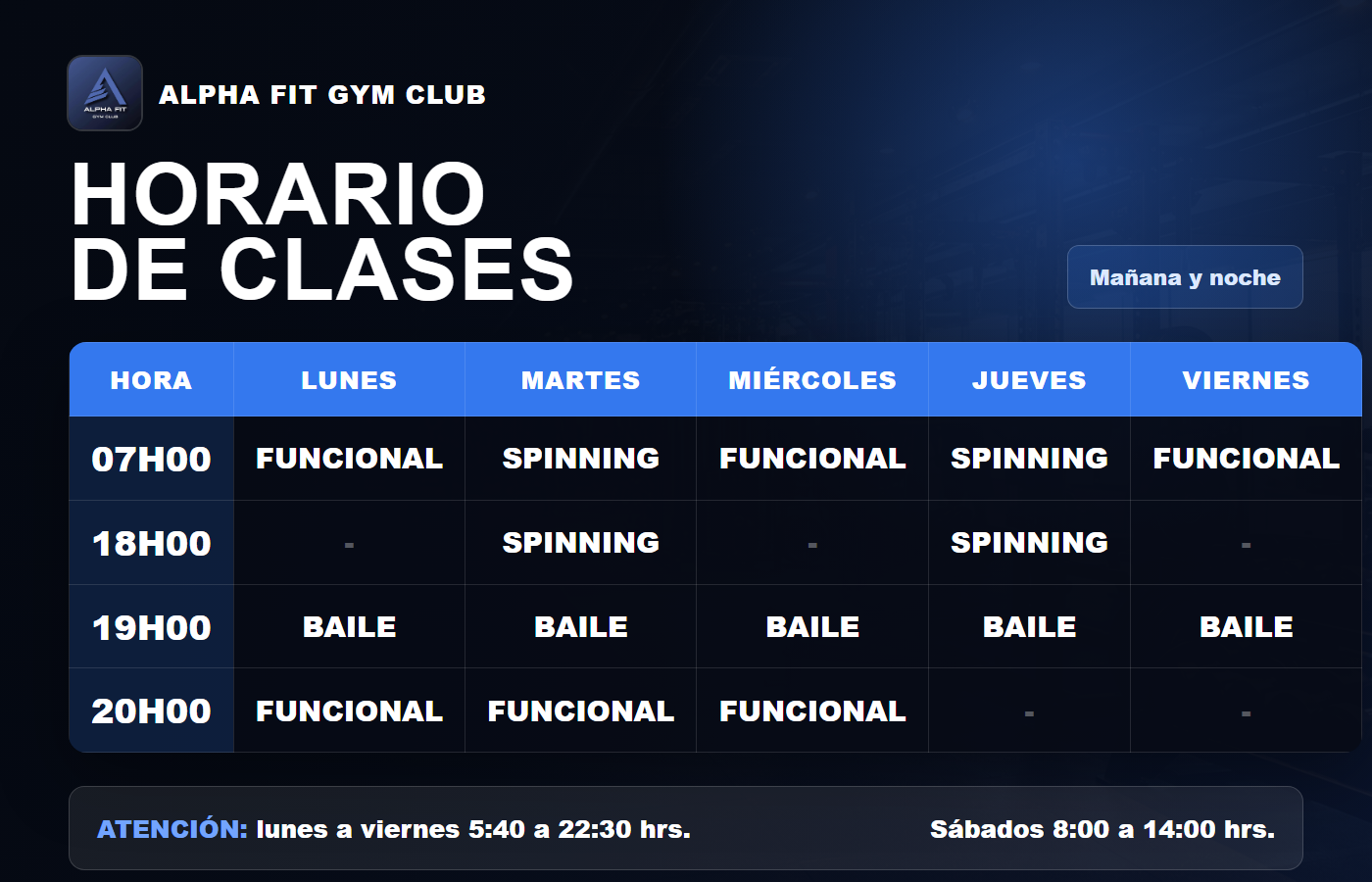Horario de clases de Alpha Fit Gym Club: lunes, miércoles y viernes 07H00 funcional; martes y jueves 07H00 spinning; martes y jueves 18H00 spinning; lunes a viernes 19H00 baile; lunes, martes y miércoles 20H00 funcional. Atención de lunes a viernes de 5:40 a 22:30 y sábados de 8:00 a 14:00.